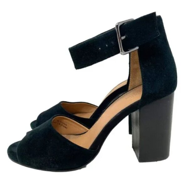 Urban Outfitters Black Suede Leather Ankle Strap Open Toe Block Heels - Size 7 - Picture 2 of 8
